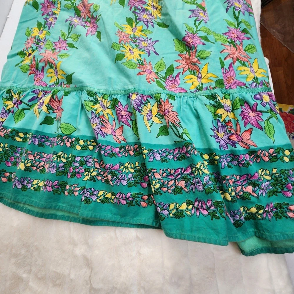 Derek‎ Heart Floral Smocked Maxi Skirt Teal Green Cotton Boho Cottagecore Size M